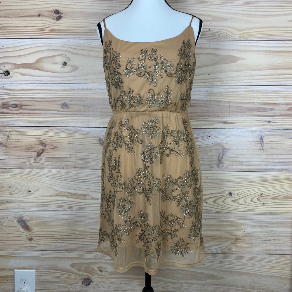 Express Beaded Dress Womens Small Tan Sequin Mesh Floral Cocktail Mini